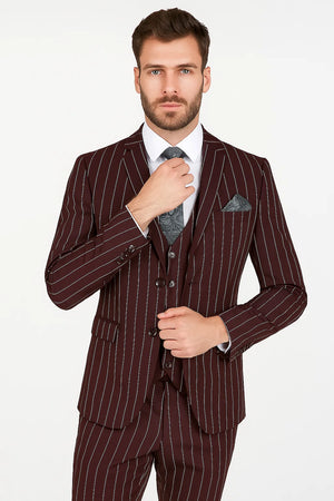 Men's Bold Gangster 1920s Burgundy Suit Vintage Dark Burgundy ~ White Gangster Bold Stripe 2 Buttons Vested Suit Black and Bold White Stripe (MO845) - Image 2