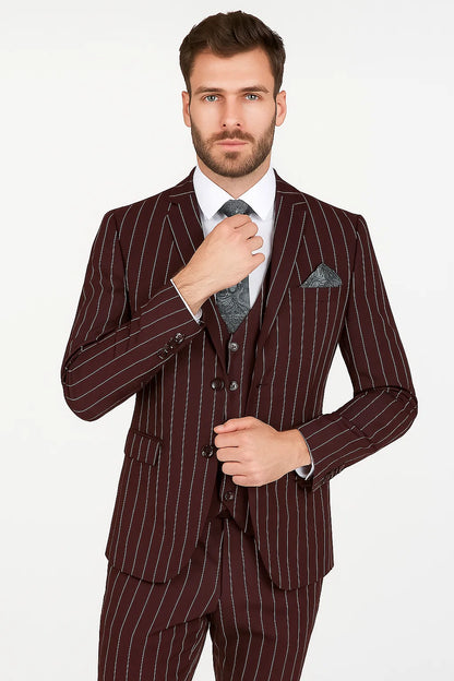 Men's Bold Gangster 1920s Burgundy Suit Vintage Dark Burgundy ~ White Gangster Bold Stripe 2 Buttons Vested Suit Black and Bold White Stripe (MO845) - Image 2