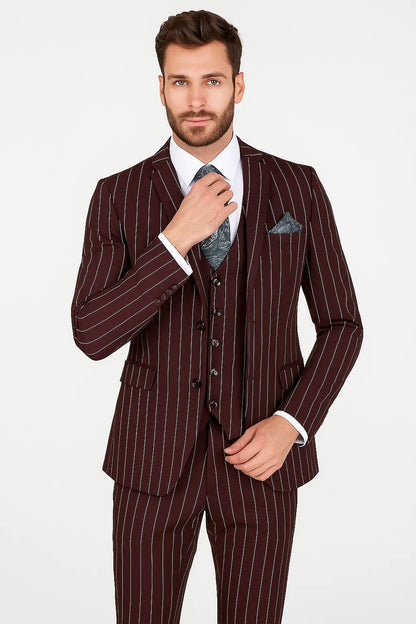 Men's Bold Gangster 1920s Burgundy Suit Vintage Dark Burgundy ~ White Gangster Bold Stripe 2 Buttons Vested Suit Black and Bold White Stripe (MO845) - Image 8
