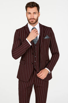 Men's Bold Gangster 1920s Burgundy Suit Vintage Dark Burgundy ~ White Gangster Bold Stripe 2 Buttons Vested Suit Black and Bold White Stripe (MO845) - Image 8