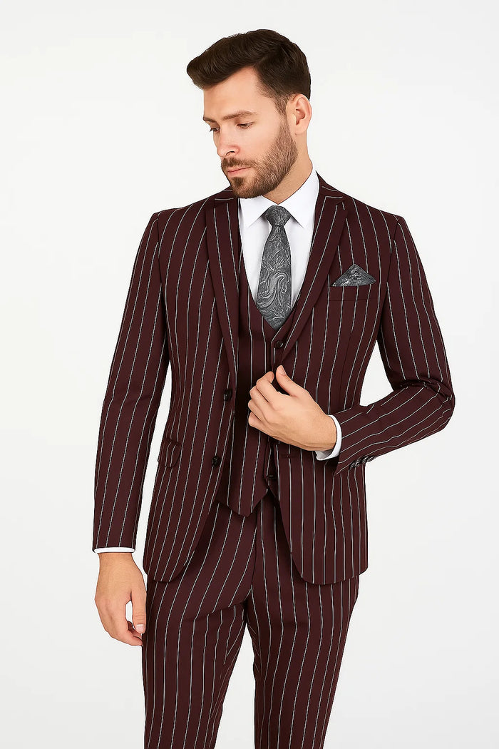 Men's Bold Gangster 1920s Burgundy Suit Vintage Dark Burgundy ~ White Gangster Bold Stripe 2 Buttons Vested Suit Black and Bold White Stripe (MO845) - Image 4
