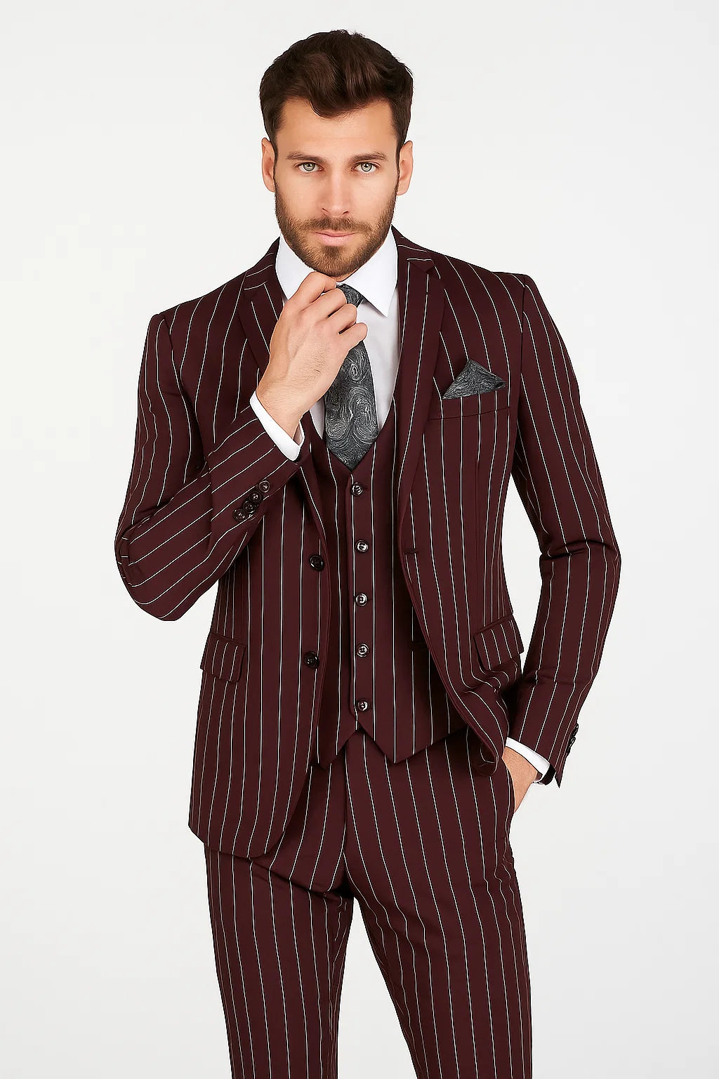 Men's Bold Gangster 1920s Burgundy Suit Vintage Dark Burgundy ~ White Gangster Bold Stripe 2 Buttons Vested Suit Black and Bold White Stripe (MO845) - Image 6