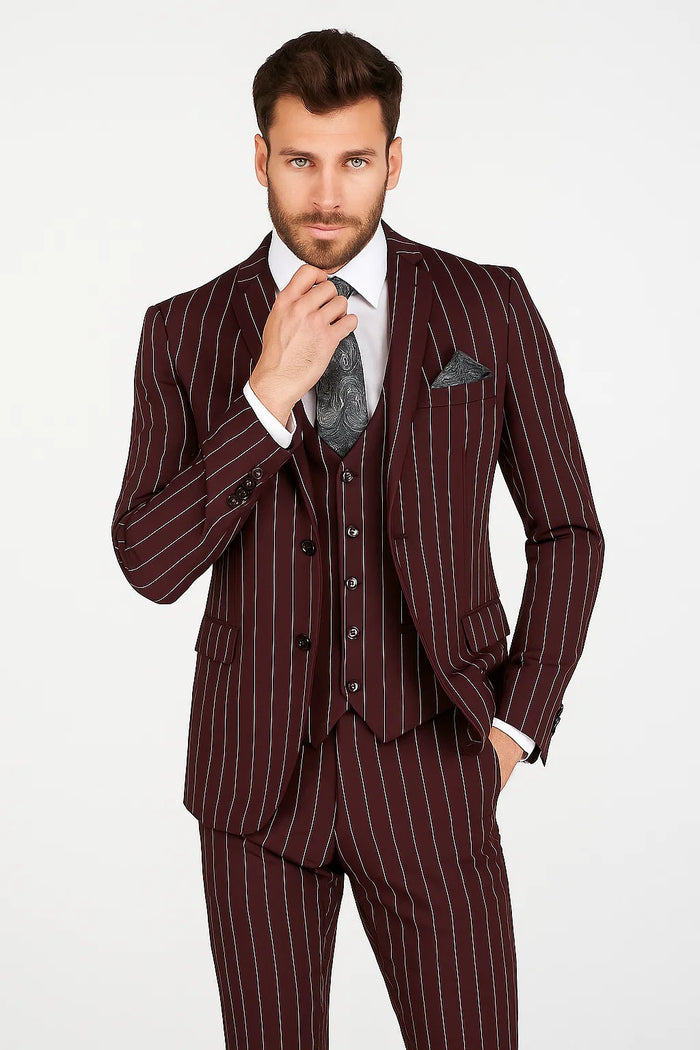Men's Bold Gangster 1920s Burgundy Suit Vintage Dark Burgundy ~ White Gangster Bold Stripe 2 Buttons Vested Suit Black and Bold White Stripe (MO845) - Image 6