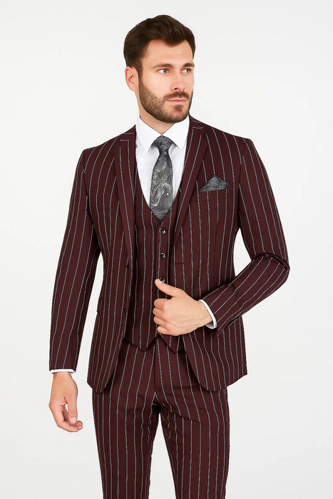 Men's Bold Gangster 1920s Burgundy Suit Vintage Dark Burgundy ~ White Gangster Bold Stripe 2 Buttons Vested Suit Black and Bold White Stripe (MO845)