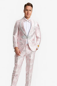 Mens Fancy Pink Floral Paisley Prom Tuxedo with Silver Trim