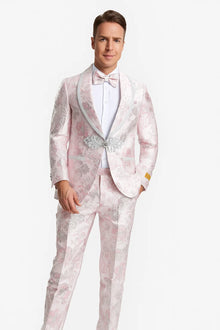 Mens Fancy Pink Floral Paisley Prom Tuxedo with Silver Trim