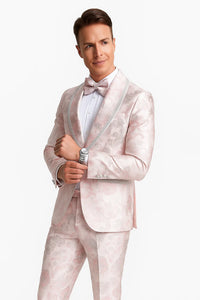 Mens Fancy Pink Floral Paisley Prom Tuxedo with Silver Trim - Image 2
