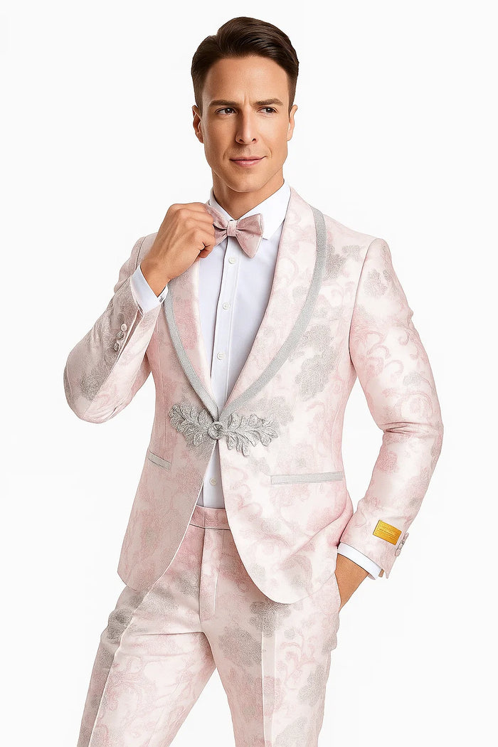 Mens Fancy Pink Floral Paisley Prom Tuxedo with Silver Trim - Image 3