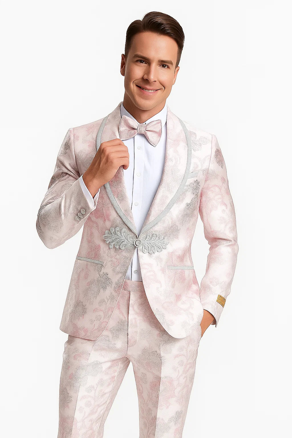 Mens Fancy Pink Floral Paisley Prom Tuxedo with Silver Trim - Image 4