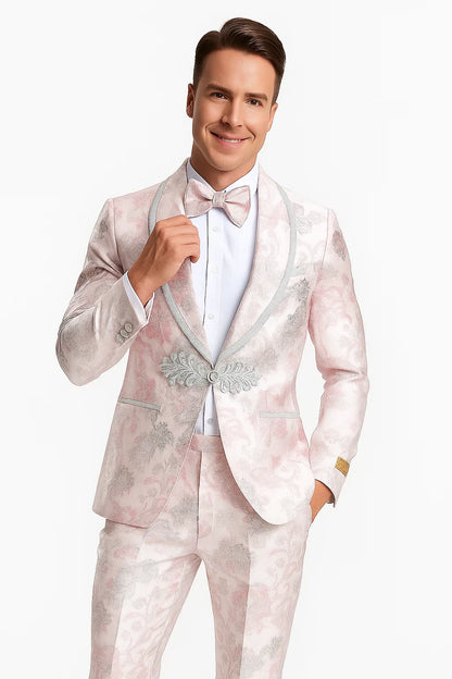 Mens Fancy Pink Floral Paisley Prom Tuxedo with Silver Trim - Image 4