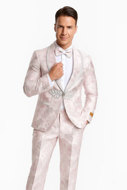 Mens Fancy Pink Floral Paisley Prom Tuxedo with Silver Trim - Image 6