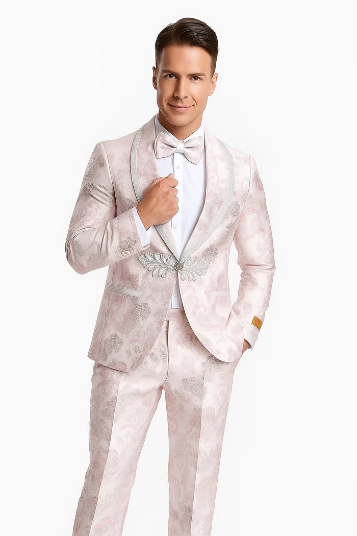 Mens Fancy Pink Floral Paisley Prom Tuxedo with Silver Trim - Image 6
