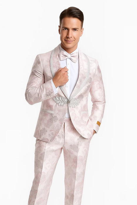 Mens Fancy Pink Floral Paisley Prom Tuxedo with Silver Trim