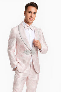 Mens Fancy Pink Floral Paisley Prom Tuxedo with Silver Trim - Image 7