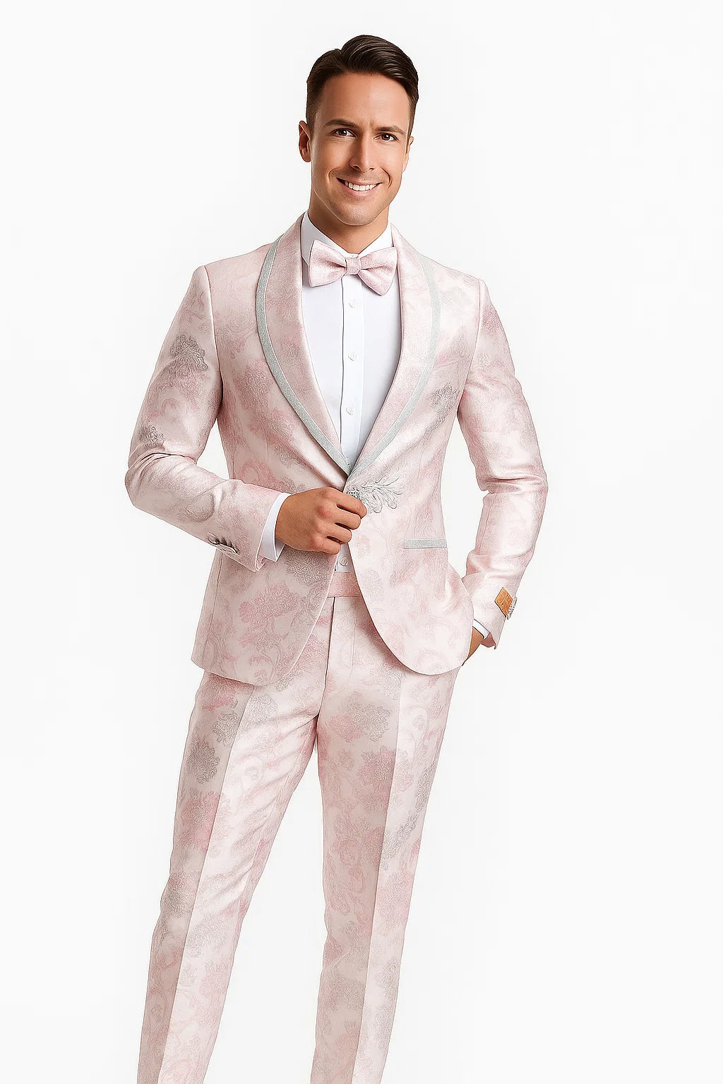 Mens Fancy Pink Floral Paisley Prom Tuxedo with Silver Trim - Image 8