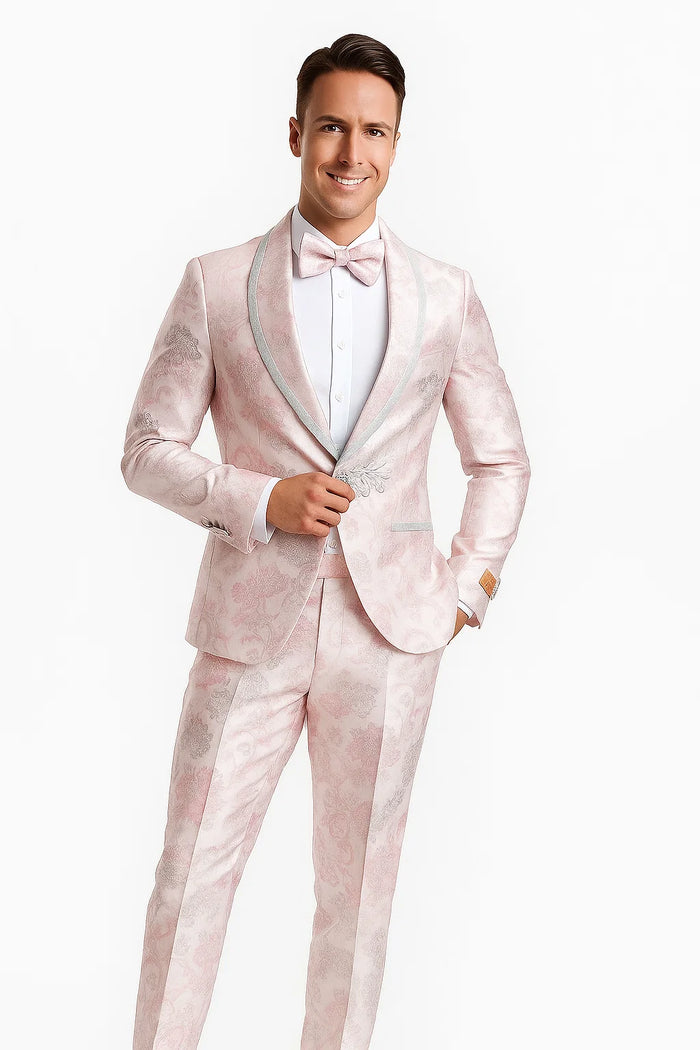 Mens Fancy Pink Floral Paisley Prom Tuxedo with Silver Trim - Image 8
