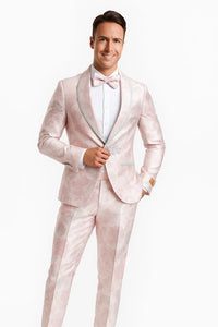 Mens Fancy Pink Floral Paisley Prom Tuxedo with Silver Trim