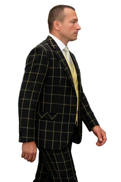Athletic Suit - Black ~ Yellow Windowpane - Plaid Suit Modern Fit Side Vented Super 150's Wool Fabric - 100% Percent Wool Fabric Suit - Worsted Wool Business Suit - Image 9