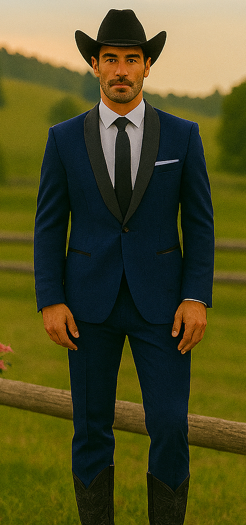 Authentic Braveman Men's One Button Satin Shawl Lapel Slim Fit Solid  Indigo ~ Bright Blue Blue Tuxedo Suit