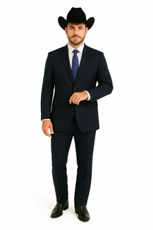 Authentic Men's Regular Fit Two Buttons Solid Dark Navy Blue Suit For Men With Flat Front Pants