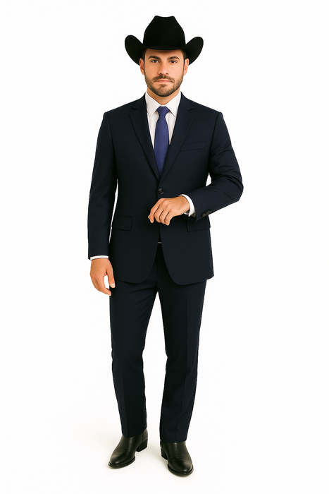 Authentic Men's Regular Fit Two Buttons Solid Dark Navy Blue Suit For Men With Flat Front Pants