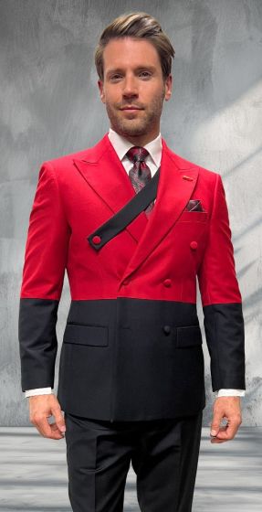 Statement Men's 2 Piece 100% Wool Modern Fit Double Breasted Suit - Two Tone Jacket