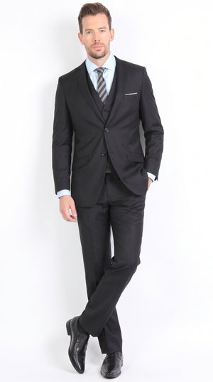 Men’s Black 3-Piece Vested Suit – Two-Button Formal Suit with Vest & Flat-Front Pants