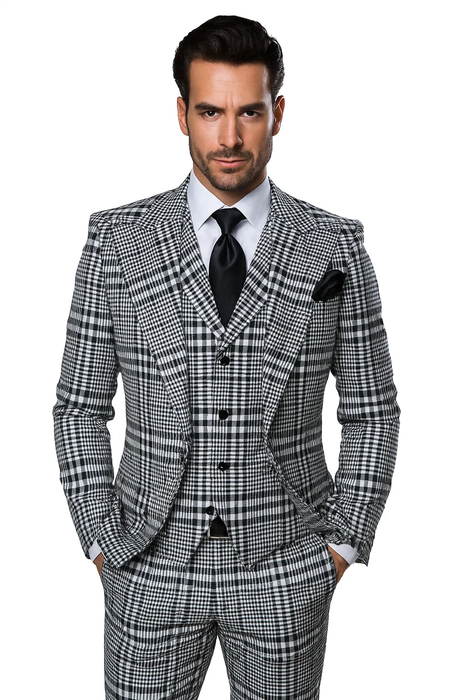 Suits With Baggy Pleated Pants - Wide Leg Pants 100% Wool - Classic Fit in One Button 3 Piece Suit by Rossiman