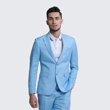 Baby Blue Linen Suit Slim Fit Two Piece Set - Wedding - Prom - Image 3