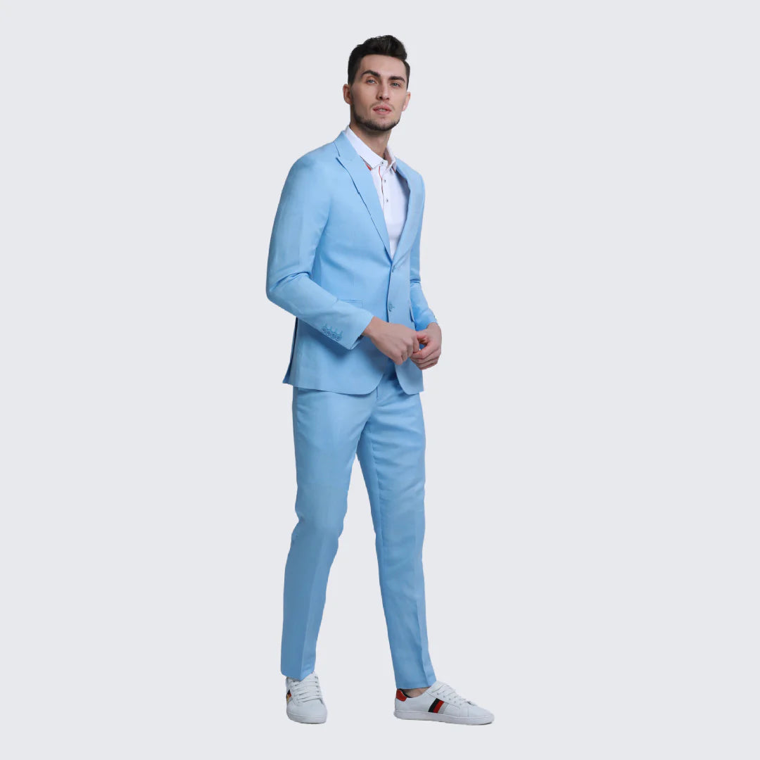 Baby Blue Linen Suit Slim Fit Two Piece Set - Wedding - Prom - Image 2