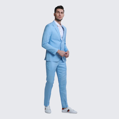Baby Blue Linen Suit Slim Fit Two Piece Set - Wedding - Prom - Image 2