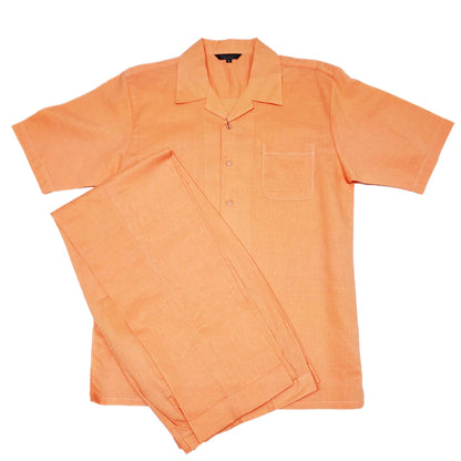 Mens Melon Linen Shirt and Pants Casual Outfit Set