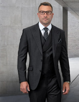 Mens Gangster Pinstripe 2 Button Double Breasted Vest Grey Suit - Image 2