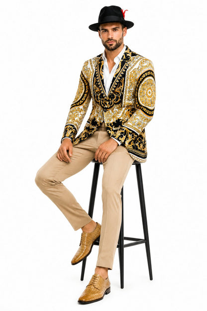 Men’s Black and Gold Baroque Blazer with Matching Pants, Hat, and Shoes – Luxury Party and Wedding Outfit Set