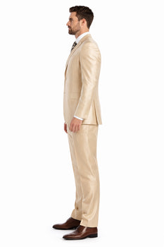 Beige ~ Khaki ~ Tan ~ Champagne Suit Shiny Flashy Sharkskin Classic Fit Suit - Image 7