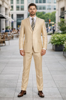 Beige ~ Khaki ~ Tan ~ Champagne Suit Shiny Flashy Sharkskin Classic Fit Suit - Image 4
