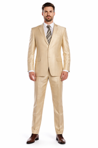 Beige ~ Khaki ~ Tan ~ Champagne Suit Shiny Flashy Sharkskin Classic Fit Suit