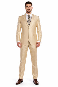Beige ~ Khaki ~ Tan ~ Champagne Suit Shiny Flashy Sharkskin Classic Fit Suit