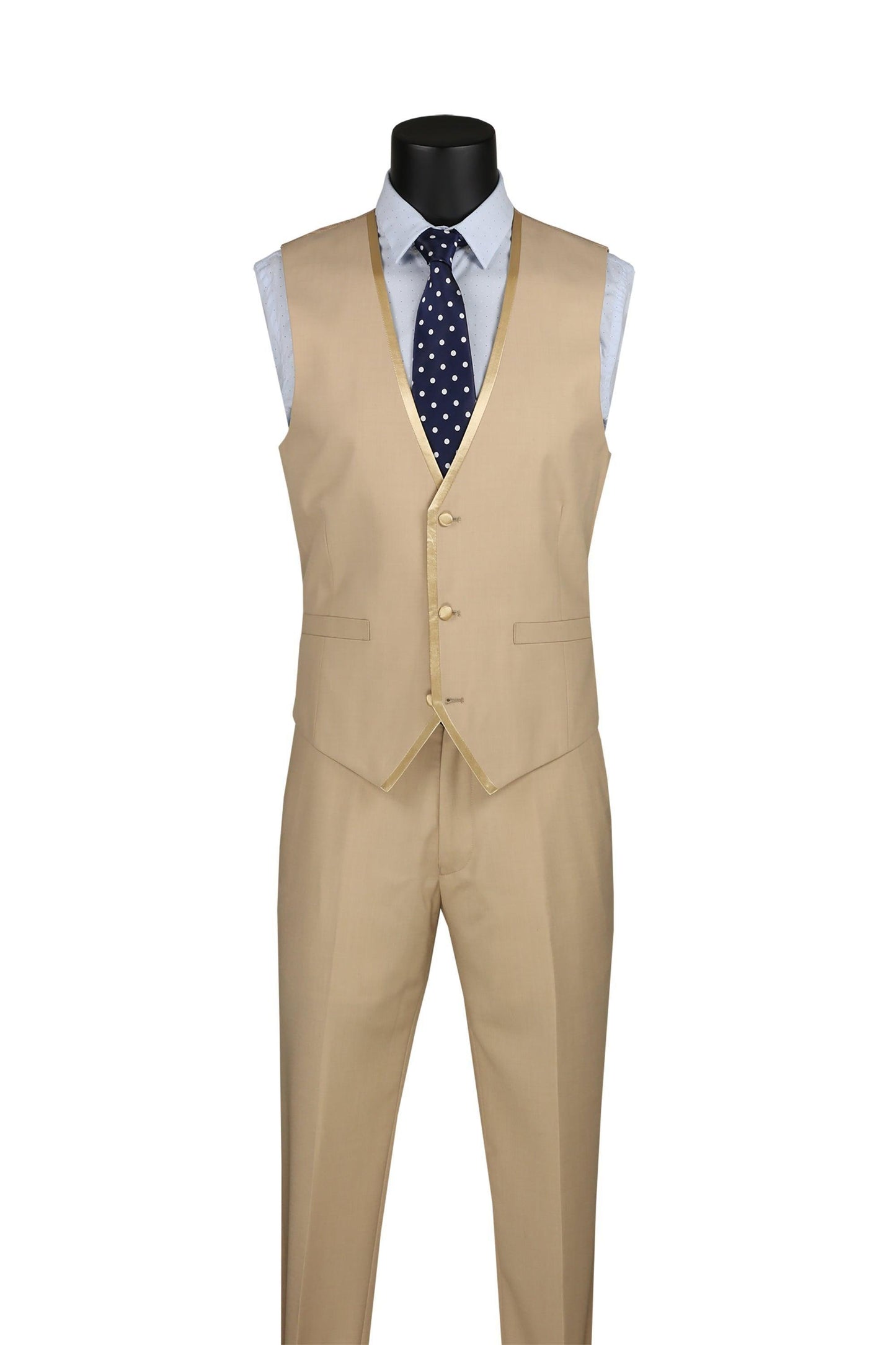 Beige Trimmed Lapel Slim Fit 3 Piece Suit - Image 2