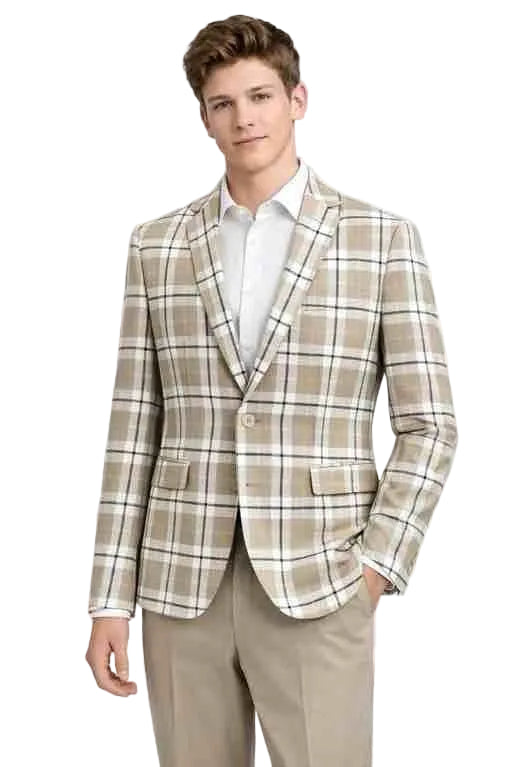Mens Beige Plaid Check Blazer – Modern Fit 2 Button Sport Coat Jacket