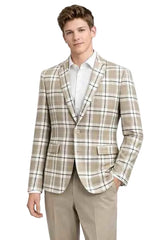 Mens Beige Plaid Check Blazer – Modern Fit 2 Button Sport Coat Jacket