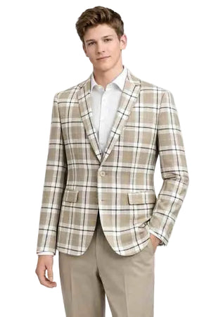 Mens Beige Plaid Check Blazer – Modern Fit 2 Button Sport Coat Jacket
