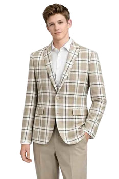 Mens Beige Plaid Check Blazer – Modern Fit 2 Button Sport Coat Jacket