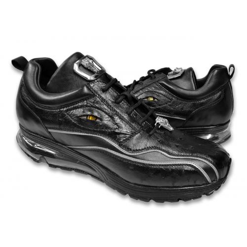 Belvedere Rexy III Black Ostrich Calfskin Bubble Soled Sneakers With Eyes - Image 2