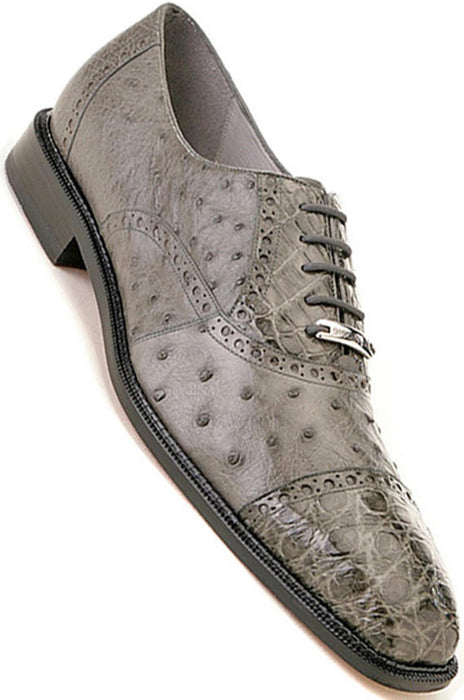 Belvedere Men's Gray Ostrich Crocodile Shoes Cap Toe Onesto