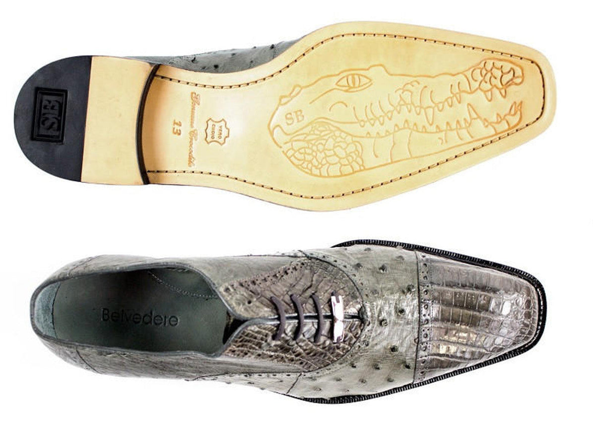 Men's Belvedere Onesto Grey Ostrich Quill & Crocodile Dress Shoe