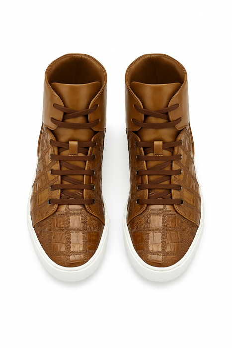 Belvedere Vero Crocodile Patchwork High-Top Sneaker in Honey