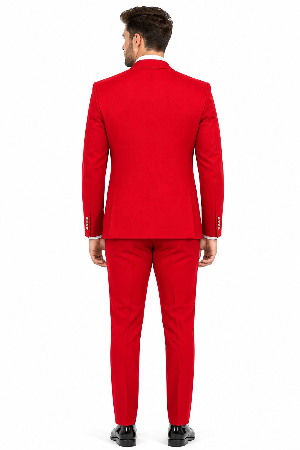 Men's Berry Statement Ticket Pocket Peak Lapel Wool Double Breasted Vest Suit with Gold Buttons – Modern Fit