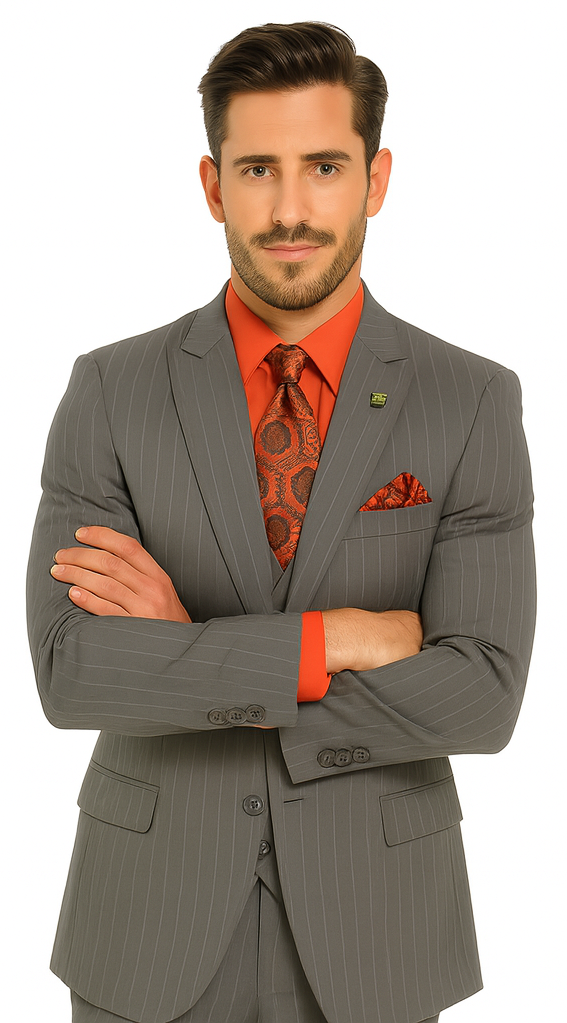 Big and Tall Grey Pinstripe Vested Suit - Image 7
