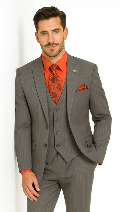 Big and Tall Grey Pinstripe Vested Suit